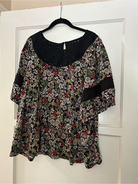 Anthropologie Black Floral Eyelet Yoke Blouse